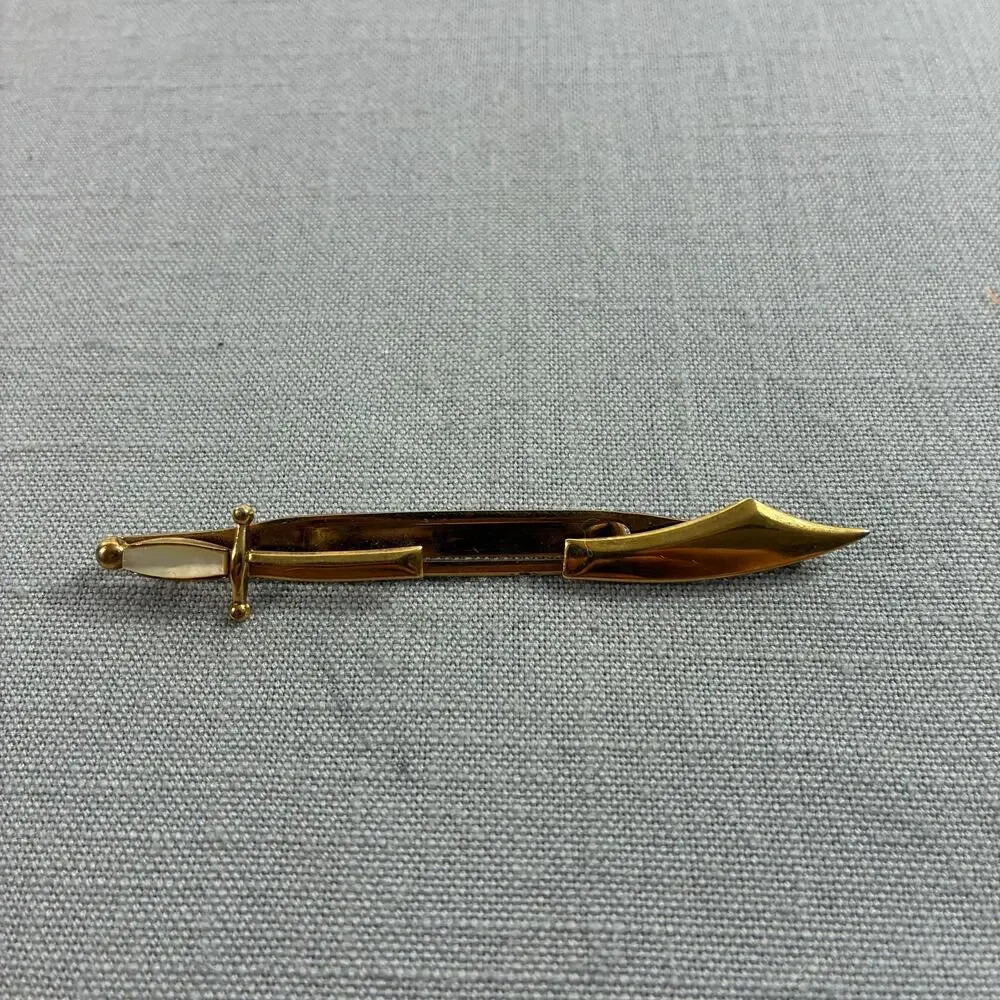 Vintage SWANK Sword Dagger Tie Clip Gold Tone Mother of Pearl Handle Mens